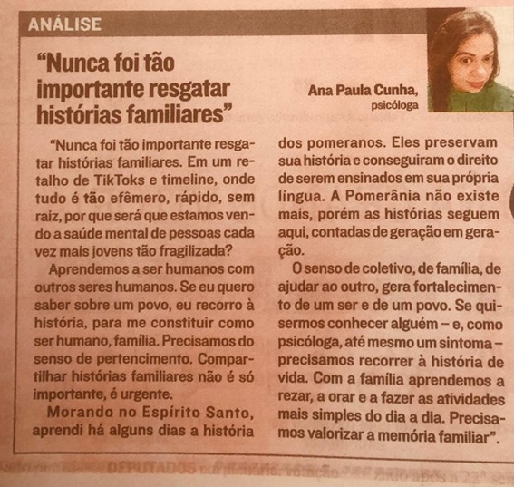 Análise em jornal sobre histórias familiares